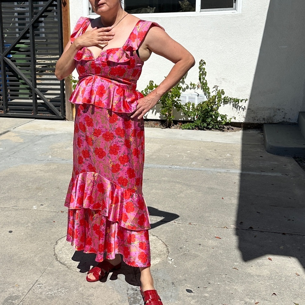 Show Me Your Mumu Womens Dress Large Pink Reese Smooch Floral Satin Ruffle Midi - Picture 2 of 4
